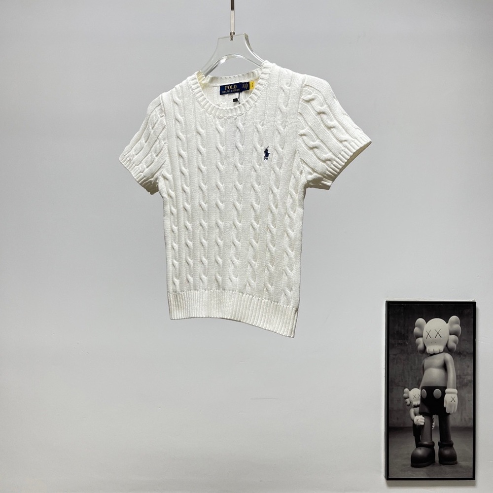 Ralph Lauren Cream Cable-Knit Short Sleeve Sweater with Navy Polo Pony